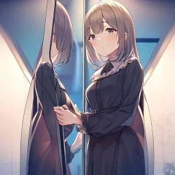 anime girl is looking at her reflection in the mirror.