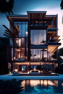 10k hyper realistic detailed luxury modern beachside mansion with glass paneling, hanging lights, Maldives, surf design, spa bath and outdoor fire-pit