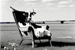 A cow sit on an vittorian armchair in large field, shooted by Cartier-Bresson