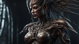 a horrifying female banshee warrior. brutal carnage on a battle field. fantasy setting. h.r. giger. armor melted into the skin. blood. intense horror. blind terror. scared to death. a masterpiece, fantasy concept art, dynamic lighting, hyperdetailed, intricately detailed, deep color, Unreal Engine, volumetric lighting, Epic cinematic brilliant stunning intricate meticulously detailed dramatic atmospheric maximalist digital matte painting