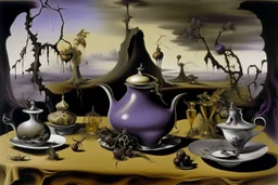 A grayish purple haunted tea party painted by Salvador Dali