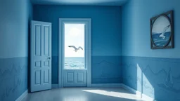 Imagine a minimalist room in blue tones with walls painted with maritime motifs, through a half-open door you can see the sea, and through a window through which a halo of light enters, a seagull peeks out.