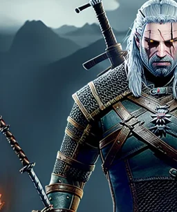 The Witcher Geralt of rivia, full body, dramatic lighting, angry, realistic, unreal engine 5