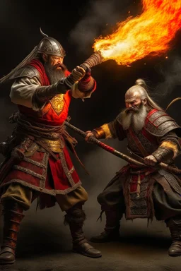 a viking figthing a samurai. both wield a flamethrower more realitic