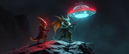 volume fog light, hyper real close up on rock ant cricket duck dragon priest gremlin man general with hi tech transcendent weapon arsenal from hell, guarding bridge up to space saucer neon plastic transparent