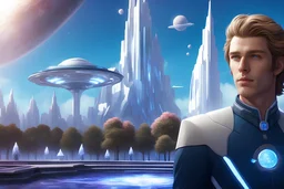 the bust of a very handsome man with a perfect face, light brown hair, dressed in a white and blue galactic suit with a cosmic beauty behind, with small futuristic buildings, large trees, fountains and lots of flowers