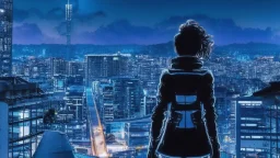 Clear Focus, High resolution, Beautiful girl standing backwards to a Cyberpunk skyline, comic style
