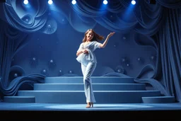 modern stage with gray-blue theme artistic decoration , color full dynamic lighting, a beautiful lady in pants and blouse with shining silver jewels dancing, 3D recursive fractal structure animating background