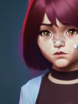 Portrait of a sweet 9 year old witch toddler girl with brown hair with bangs and blue eyes