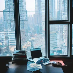  looking out of a window to a crowded city with many textbooks on the table korea sunrise computer with homework on it only one person