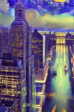 Van gogh illustration of New York hyper detailed and realistic, top view, night with lighting, wonderful, 8k.