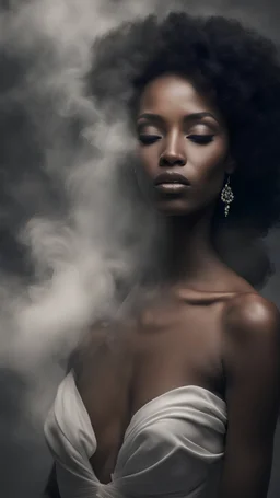 beautiful black women in white Smokey ethereal, heavenly background