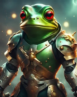 Frog Green Soldier Portrait Glow big red eye Gold Armor warrior Robotic lightning Gun Silver Smoke Dust 16k details epic rare future water nice weapon gladiator