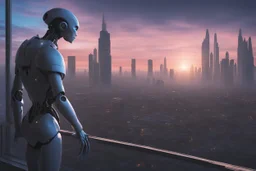 Humanoid robot looking out over an alien town skyline at dusk