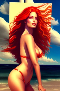 a painting of a woman in a bikini on the beach, an airbrush painting, inspired by Edmond Aman-Jean, featured on deviantart, with long red hair, as a panel of a marvel comic, warm weather, elegantly posing over you, airbrush render