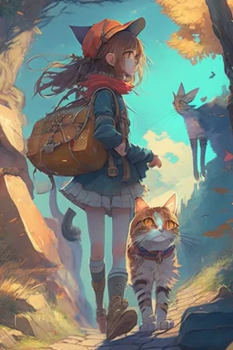 a girl and Cat on an Adventure, 4k, full detail, high resolution, digital art, anime, b