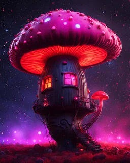 An illogical floating mushroom house on a clear moonless night. . Bright Bold Bright Colors, pink red orange black, Starry Dark cosmic interstellar. Detailed Matte Painting, deep color, fantastical, intricate detail, splash screen, hyperdetailed, insane depth, concept art, 8k resolution, trending on Artstation, Unreal Engine 5, color depth, backlit, splash art, dramatic, High Quality Whimsical Fun Imaginative Bubbly, perfect composition