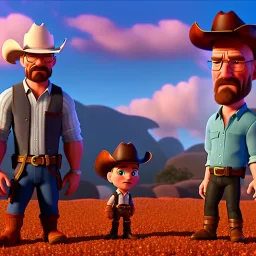 Walter White and his family with a cowboy fight, 8k, realistic body, with a fedora, sunset background,