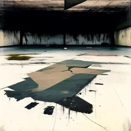 Minimal contemporary abstract oil paintings of desolate 1960s carpark with road markings and concrete fragments. Overlay with grungy typography graphics. style of Justin Mortimer and Francis Bacon.