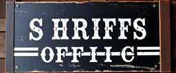 fill composition with large and wide historical hand painted old western sign that reads: "SHRIFFS OFFICE" white on black with inset white stripe boarder aged paint on wood sanserif