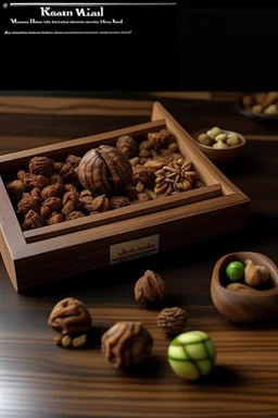 It is located on a wooden table with pieces of walnut around it