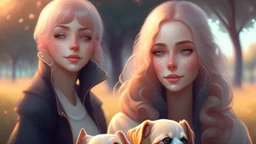 Woman with two adorable dogs in a serene park setting, soft natural lighting, detailed character design, digital painting by Lois van Baarle and Charlie Bowater, heartwarming, expressive eyes, 4k resolution