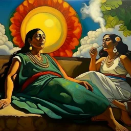 2 mexican woman smoking painting lying down neoclassism whole body zoom the sun