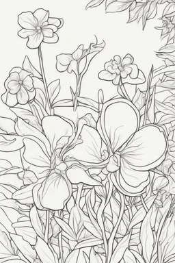 flowers coloring page for kids, periwinkle, cartoon style, thick outline, low details, no shading, no color