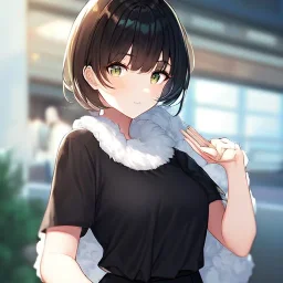 Clear focus, High resolution, fluffy black short hair, dark green eyes, wearing a black t-shirt and pleated black skirt, fluffy hair, detailed outfit