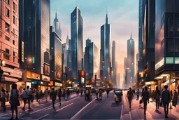 улицы города будщего вечер реклама небоскребы много людей на улице 4k realistic photo