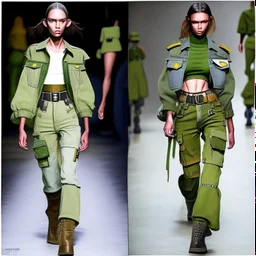 Women model catwalk wearing cargo jeans with patch with twill armor jellow and green