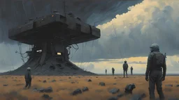 Dark army, science fiction painting, Denis Sarazhin, Alex Colville, Simon Stalenhag, ominous sky