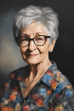 Oil paint on canvas, chiaroscuro, deep shadows, masterpiece, happy, 2020 caught off guard, 79-year-old Phyllis Kendall, short pixie-cut, shag-cut straight, dark salt and pepper hair, overweight, blue eyes, great big, round lensed eyeglasses, wearing a black, floral print, short-sleeved, pull-over shirt, dark blue sweatpants, sitting at the computer checking her emails