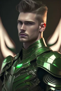 photorealistic white male handsome, hyperdetailed painting, luminism, Bar lighting, complex, dark green miltary armor, 4k resolution concept art, Artgerm, WLOP, Alphonse Mucha, 3d render, octane render, intricately detailed, cinematic, awesome full color, hand drawn, dark, gritty, cinematic