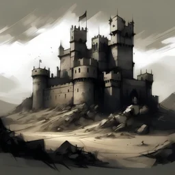 old dark Omani castle far away, post-apocalyptic, rough sketch