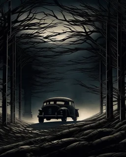 Dark Forest Drive: A couple in a car driving through a dense, dark forest with tall, shadowy trees. The headlights illuminate the eerie, twisted branches ahead, creating an ominous atmosphere.