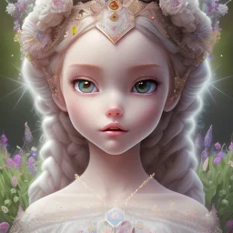 disney toddler, epic white queen, crystal clear ice, majestic, ominous, wildflowers background, intricate, masterpiece, expert, insanely detailed, 4k resolution, retroanime style, cute big circular reflective eyes, cinematic smooth, intricate detail , soft smooth lighting, soft pastel colors, painted Rena