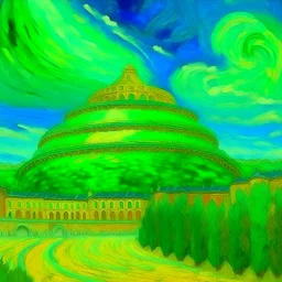 A lime green mythical coliseum in he sky painted by Vincent van Gogh