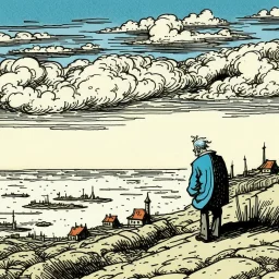 a alone man. pen and ink, birds eye view, illustrated by hergé, Background space and earth