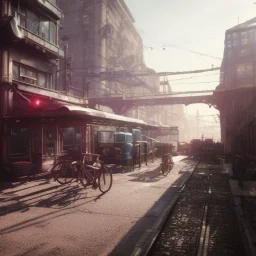 in a german atompunk city with bicycles and a monorail, highly detailed,lighting, 8k, hdr, award - winning, octane render, artstation, volumetric lighting, unreal engine 5