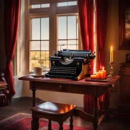 an old-fashioned typewriter stands on an old-fashioned desk in a room with high windows, candle lighting and heavy velvet curtains, Award winning photography illustration dynamic lighting 8k, award winning fantastic view portrait, colourful Nikon850