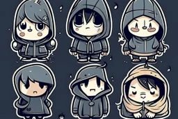 6 simple shaped shaped hand drawn cartoon characters that are cute dark and have hoodies