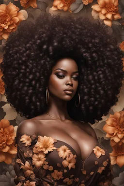 Create an magna image of a curvy black female wearing a brown off the shoudler blouse and she is looking down with Prominent makeup. Highly detailed tightly curly black afro. Background of large brown and black flowers surrounding her