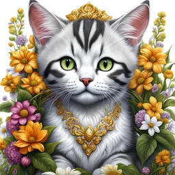 A Bengala Cat baby with flowers and white background looking at camera, pencil drawing fully colored, satin digital painting, realistic painting, art by Clyde Caldwell, Greg Rutkowski and Pascal Blanche, vintage style, elegance and vitality, expressive, detailed and bright eyes, very detailed, with sharp focus and smooth transitions, golden ratio, masterpiece, trending on CGSociety and Artstation, highly detailed, sharp focus, studio photography, intricate details, full body length, center