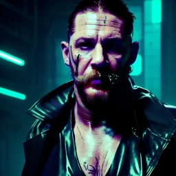 Actor, tom hardy, blade runner style, rain, fog, neon ambient, gradient color, clean skin, circuits, latex coat, cyber punk, neon, tubes, portrait, studio photo, unreal engine 5, smooth color, 16 bit, god lights, ray tracing, RTX, lumen lighting, ultra deatail, volumetric lighting, 3d, finely drawn, hd.