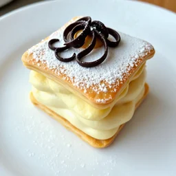 A delicate Mille-Feuille with perfectly layered pastry and cream, topped with powdered sugar and chocolate swirls, served on a white plate.