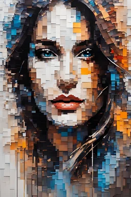 abstract art painting of a woman's face, in the style of pixelated portraits, cracked, oversized portraits, elegant