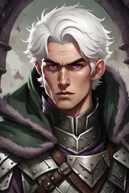 baron. purple eyes. twenty-seven years old. short white hair. dressed in chaimail armor. gray clothes. dark-green cloak.