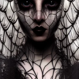 portrait of beautiful gothic woman with thick white spiderwebs on face, dark, runny mascara, 8k, high-quality, fine-detail, black hair, intricate, sharp, crisp, digital art, detailed matte, illustration, octane render, brian froud, howard lyon, Anne Dittman, Anne Stokes, Lisa Parker, Selina French