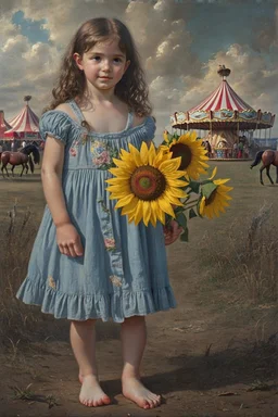 solemn girl in a worn blue dress stands barefoot in a dusty carnival setting, holding a sunflower. A carousel and faded tents loom in the background, with shadowy horses nearby.